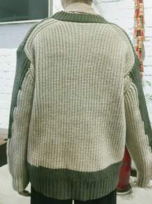 Khối màu Thả vai Quá lớn Áo len Mở - màu xanh lá - Xem 2