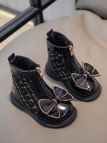 孩子們靴子適合女孩帶蝴蝶結,金色鏈條和拉鍊裝飾用品 - 黑色 - 查看 3