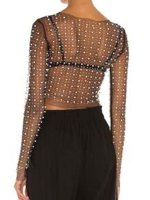 Áo croptop dài tay bằng vải lưới xuyên thấu đính ngọc trai và đá lấp lánh, gợi cảm dành cho nữ, không cần áo ngực, thích hợp cho các lễ hội âm nhạc, tiệc tùng và nhiều dịp khác, màu đen mùa xuân. - màu đen - Xem 2