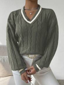Selianne 灯笼袖V领麻花针织毛衣，长袖套头针织衫，秋冬毛衣 - 灰色 - 查看 4