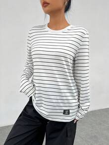 SHEIN EZwear 女士條紋印花t恤 - 黑與白 - 查看 4