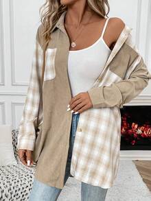 SHEIN LUNE Của phụ nữ Khối màu Kẻ sọc Áo khoác - Màu Khaki - Xem 3