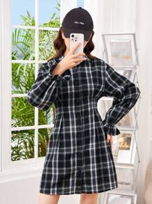 SHEIN 青少女檢查紋折疊領襯裙短袖a字裙系腰長裙 - 黑與白 - 查看 1