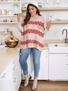 Calvaya Plus 1pc Geo & Elk Pattern Turtleneck Batwing Sleeve Sweater Knit Pullover Fall Winter Sweater - Multicolor - View 5