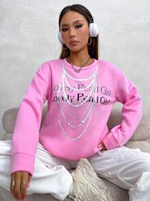 SHEIN Unity 毛衣上印有珍珠項鍊圖案 - 粉色 - 查看 3