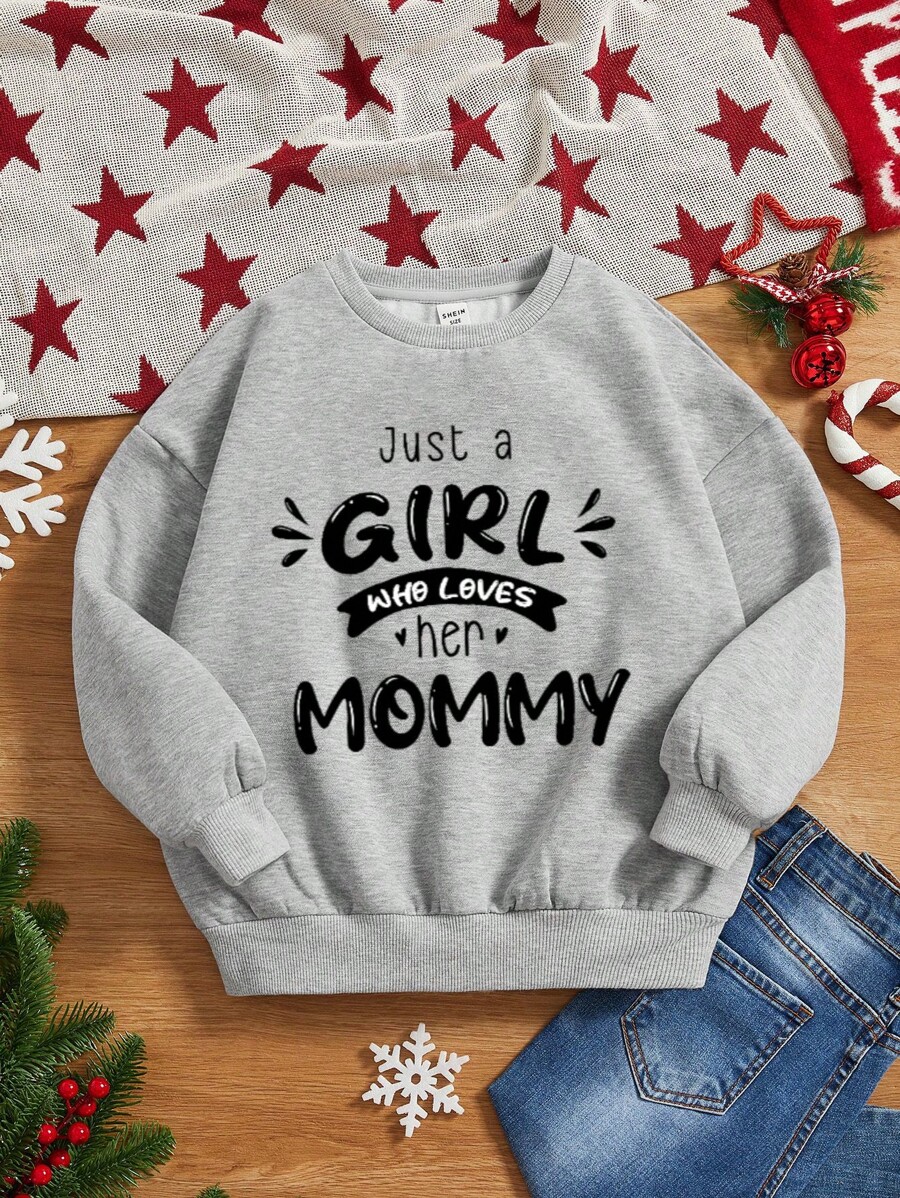 SHEIN Cô gái Tween 1 Miếng Đồ họa Khẩu hiệu Lót nhiệt Áo chui đầu - Xám - Xem 1