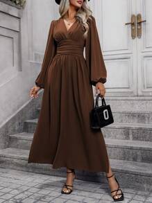 EMERY ROSE Lantern Sleeve Split Thigh Dress Maxi Women Outfit Fall Cloth For Women - Chocolate Brown - View 6
