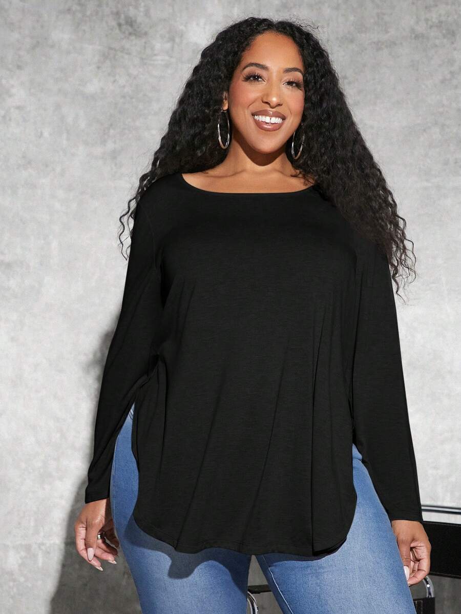 SHEIN CURVE+ Hơn Chất rắn Viền chia cắt Áo thun - màu đen - Xem 1