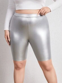 SHEIN ICON Plus High Waist Letter Patched Silver Metallic Biker Shorts - Silver - View 2