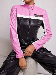 SHEIN PETITE 女士拼色不对称下摆机车夹克 - 玫紅色 - 查看 3