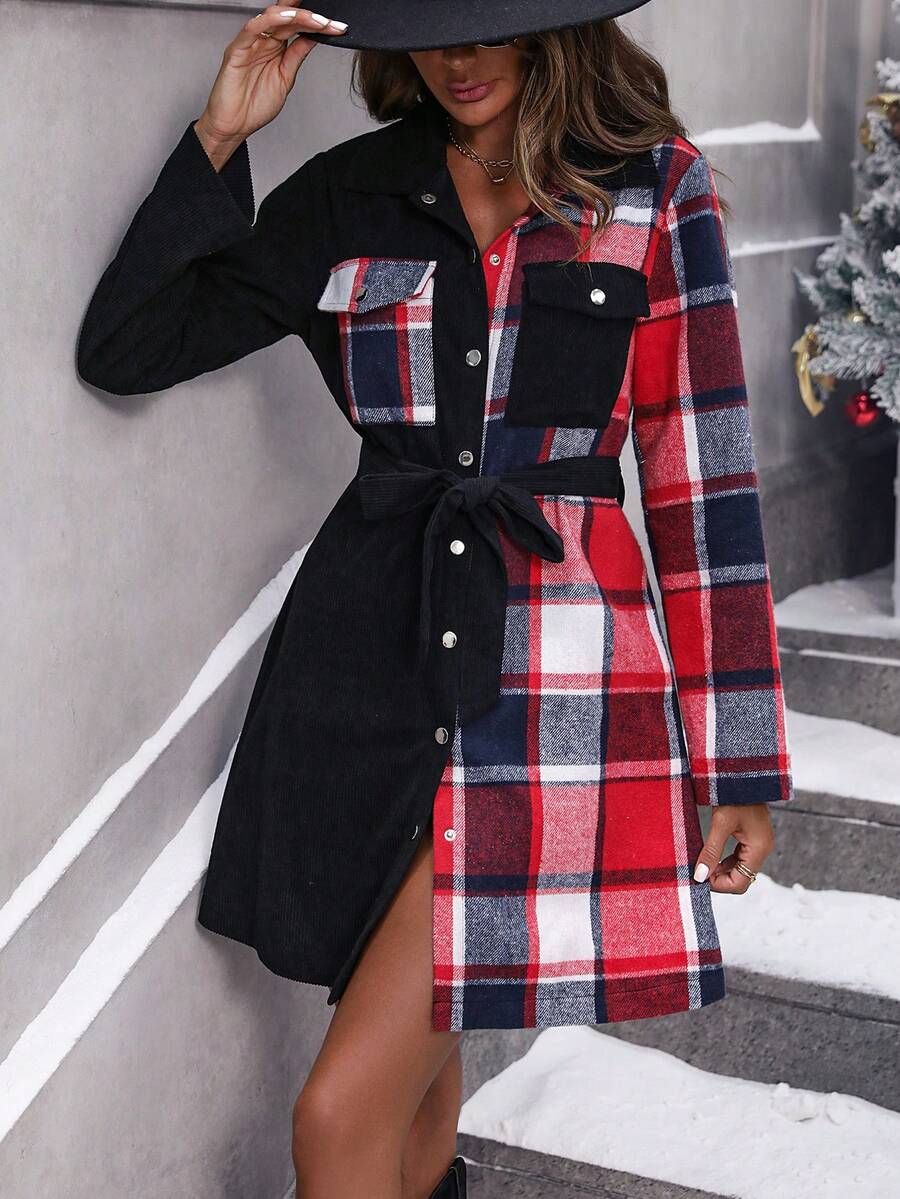 SHEIN LUNE Vá lại Kẻ sọc Nút lên Váy sơ mi Với Flap túi - Nhiều màu - Xem 1