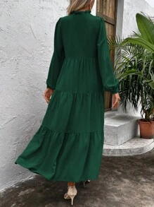 SHEIN Clasi Green Lantern Sleeve Button Half Placket Midi Dress - Green - View 2