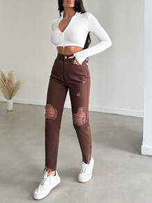 Cottnline 實心破洞未整邊牛仔褲 - 棕色 - 查看 4