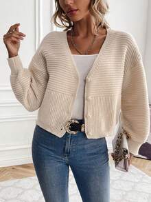 SHEIN Essnce Drop Shoulder V-neck Cardigan - Beige - View 4