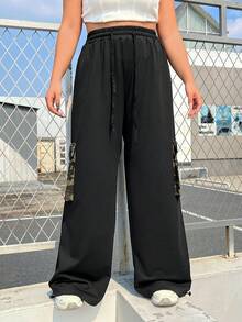 SHEIN EZwear Cộng với kích thước ngụy trang chắp vá dây rút quần bó sát eo - màu đen - Xem 3