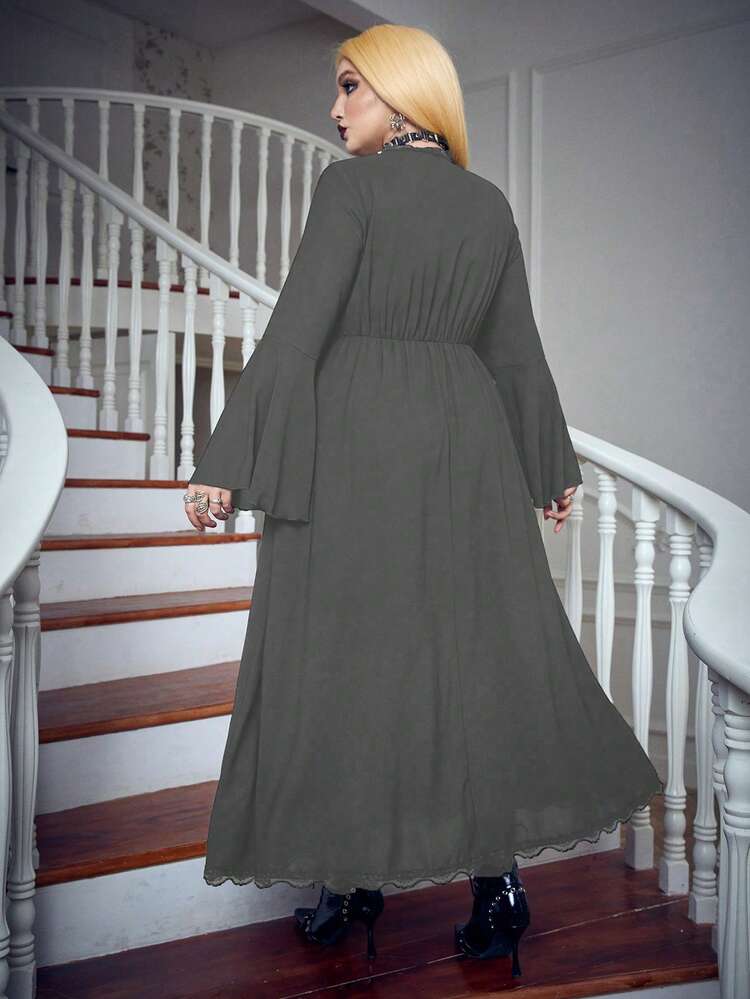 Plus Size V-neck Bell Sleeve Dress With Gathered Waist Design
