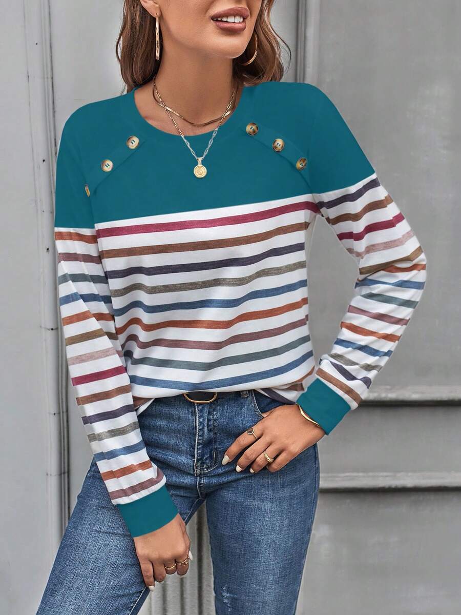 SHEIN LUNE Striped Button Decorated T-shirt - Blue - View 1