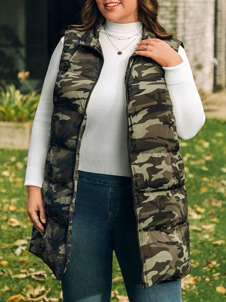 Camouflage Design Plus Size Sleeveless Winter Vest For Women