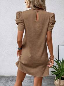 SHEIN Clasi Solid Ruffle Trim Dress Puff Sleeve Dresspuff Dresskhaki Dressdress Mochashort Sleeve Dress - Brown - View 2