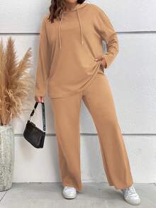SHEIN Franclia Plus Drop Shoulder Drawstring Hoodie & Pants - Apricot - View 3