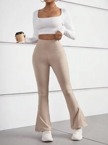 SHEIN PETITE Thắt lưng rộng Quần ống loe - Màu Khaki - Xem 3