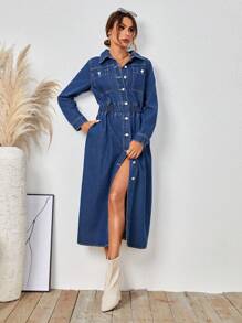 SHEIN LUNE Turn-down Collar Buttoned Denim Dress - Dark Wash - View 4