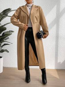 SHEIN Clasi Kích thước lớn DOUBLE-BREASTED Cổ áo tây Len Áo khoác - Màu Khaki - Xem 4