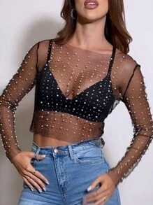Áo croptop dài tay bằng vải lưới xuyên thấu đính ngọc trai và đá lấp lánh, gợi cảm dành cho nữ, không cần áo ngực, thích hợp cho các lễ hội âm nhạc, tiệc tùng và nhiều dịp khác, màu đen mùa xuân. - màu đen - Xem 4