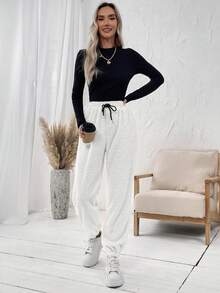 SHEIN LUNE Drawstring Waist Thermal Lined Sweatpants - White - View 4