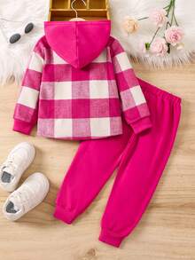 SHEIN 少女格紋連帽外套和褲裝套裝