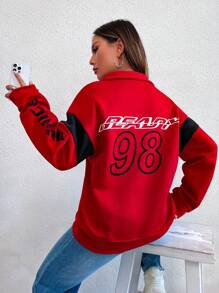SHEIN Unity Letter Graphic Half Zip Drop Shoulder Sweatshirt - Red - View 2
