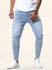 Manfinity Homme Nam Đau khổ Denim mùa giặt Quần jean ôm - Rửa nhẹ - Xem 5