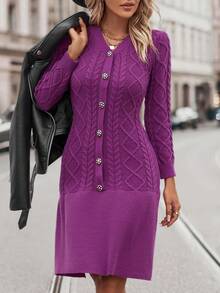 Cổ chữ V Dài Áo len dệt kim Đầm - Màu Hồng Tươi - Xem 3