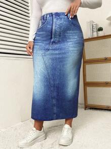 SHEIN Essnce 大尺寸春夏款休閒牛仔效果裙 - 藏蓝色 - 查看 4