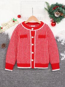 SHEIN Áo len cardigan cổ tròn dài tay cho bé gái - Đỏ và trắng - Xem 1