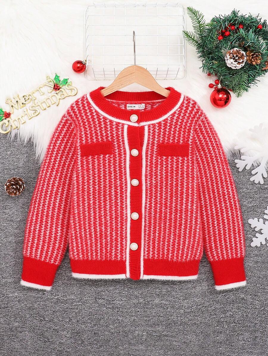 SHEIN Áo len cardigan cổ tròn dài tay cho bé gái - Đỏ và trắng - Xem 1
