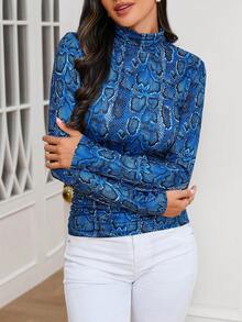 SHEIN Clasi 女款蛇紋圖案烏龜領修身t恤 - 彩色 - 查看 5