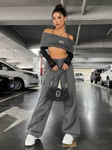 SHEIN PETITE 女士露肩短款甜美時髦上衣 - 灰色 - 查看 6