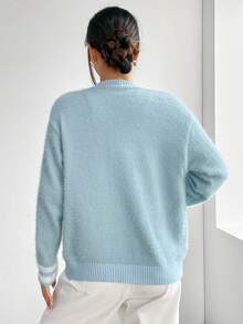 SHEIN Unity 條紋飾邊落肩蓬鬆針織開襟衫 - 寶藍色 - 查看 2