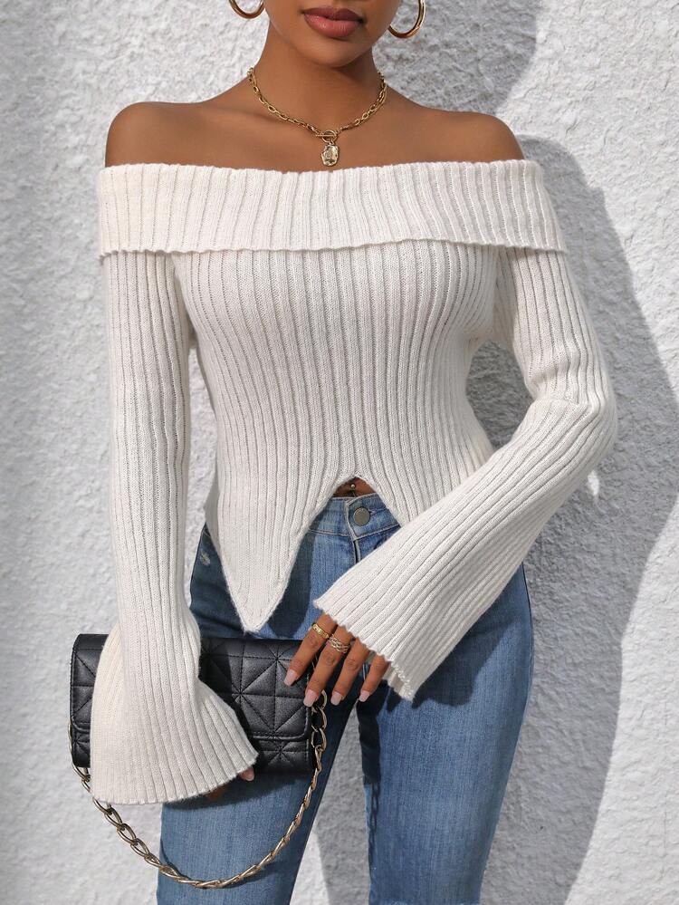 Women's Solid Color Off Shoulder Long Sleeve Split Hem Fitted Sweater, Fashionable For Autumn/Winter