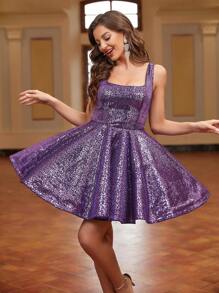SHEIN Belle Square Neck Sequin Cocktail Dress - Purple - View 7