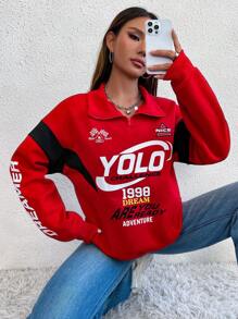 SHEIN Unity Letter Graphic Half Zip Drop Shoulder Sweatshirt - Red - View 4