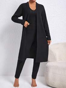 Women'S Solid Color Ribbed Home Clothing Set - Black - View 4