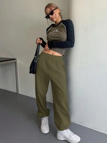 DAZY 純色彈性腰運動長褲 - 橄欖綠 - 查看 4
