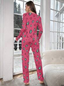 Heart Pattern Printed Long Sleeve Tee And Pants Pajama Set, Fall Winter Clothes Cozy And Elegant Details - Multicolor - View 2