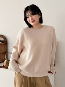 Dazy Petite Plus Màu thuần Thả vai Áo len Áo chui đầu - Màu be - Xem 1