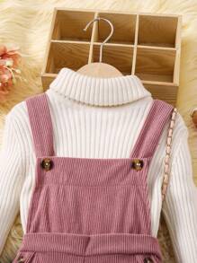 SHEIN Nhỏ bé Cô gái Màu thuần Vải to sợi Nút Trang trí Áo liền quần - màu nâu - Xem 4