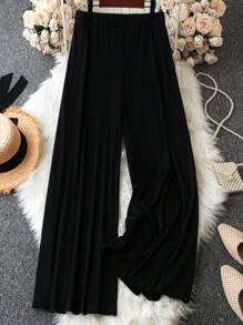 Calvaya Pantalones De Talla Grande De Pierna Ancha De Color Sólido Con Adornos De Doble Botonadura