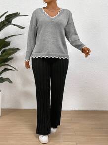 SHEIN Clasi Shell Edge V-neck Knit Sweater And Skirt Set - Multicolor - View 5