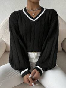 Chiquease Lantern Sleeves Striped Cable Knit Sweater,Long Sleeve Tops
